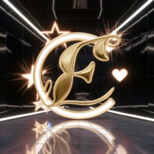 The letter E in a luxurious gold font with neon edges and glowing stars, set against a black background