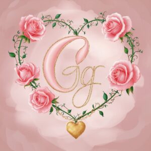 The letter 'G' in soft pink cursive surrounded by a heart of pale pink roses and green vines."