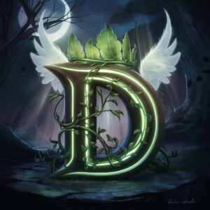 Metallic letter 'D' with white wings, crowned by glowing green leaves in a mystical forest