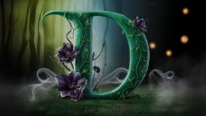 Magical forest-themed letter 'D' adorned with glowing orbs and mystical leaves, surrounded by a gradient of forest green mist."