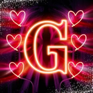 The letter 'G' glowing in red neon with pulsating heart-shaped lights on a black background."