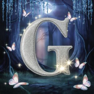 Shimmering silver G Name DP surrounded by glowing butterflies and stars"