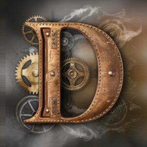 Ornate steampunk letter 'D' with gear and rivet details, highlighted against a gradient of smoky gray and bronze mist