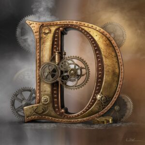 Steampunk letter 'D' with mechanical elements and vintage charm, set in a gradient of bronze with subtle gears in the mist."