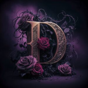 Ornate Gothic letter 'D' adorned with velvety roses and thorns, set against a gradient of dark purple and black mist."