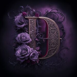 Elegant Victorian Gothic letter 'D' in deep crimson with filigree patterns and dark roses on a moody dark purple background."