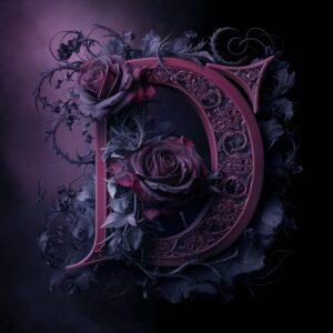 Victorian-inspired letter 'D' with intricate patterns and dark floral embellishments, surrounded by swirling shadowy mist."