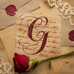 The letter 'G' in vintage calligraphy style, surrounded by envelopes, wax seals, and lace details."