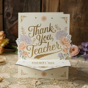 Vintage-inspired Teacher's Day card featuring soft pastels and gold lettering on a wooden backdrop.