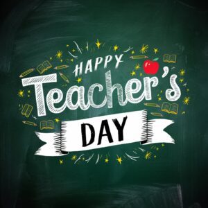 Retro-style Happy Teacher's Day on a green chalkboard, surrounded by educational doodles."