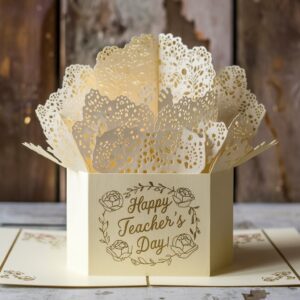 Elegant vintage Teacher's Day pop-up card with cream base and delicate floral patterns in pastel shades