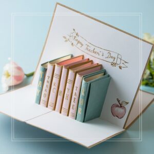 Minimalist pastel Teacher's Day pop-up card with light blue background and elegant gold letters."