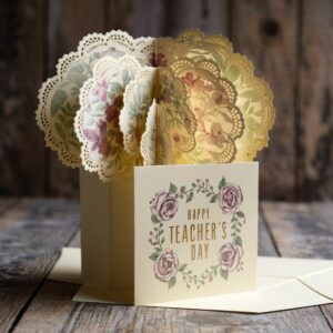 Sophisticated cream-colored Teacher's Day card with floral accents and gold foil text, displayed on a distressed wooden backdrop