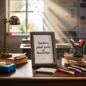 Teacher's desk with supplies and a quote for Teacher's Day."