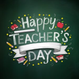 Happy Teacher's Day text in white chalk on a green chalkboard, with a chalk stick 'T' and apple 'a'."