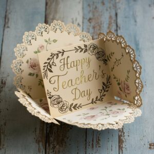 Vintage-style pop-up card for Teacher's Day with hand-drawn roses and vines, set on a textured wooden surface.