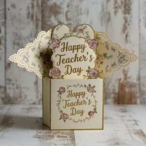 Handmade Teacher's Day card featuring intricate lace cutouts and gold cursive lettering against a rustic wooden background