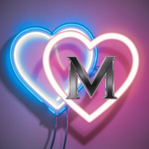 Two overlapping hearts with blue and pink neon outlines and a bold 'M' in the center on a futuristic design