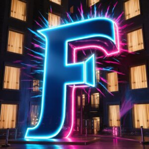 Bright neon 'F' with electric colors, set against a glowing city backdrop, exuding modern energy."