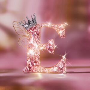 Luxurious letter E crafted from crystals, decorated with a crown and subtle butterfly details in the background."