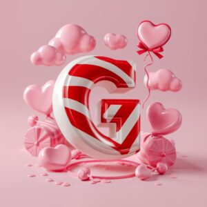 Candy-striped red and white 'G' with heart-shaped balloons and pastel pink hearts."