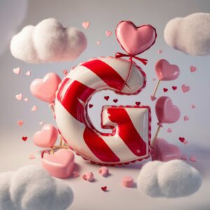 Candy-like 'G' with red stripes, surrounded by pastel hearts, clouds, and playful sweet elements."