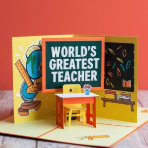 Handmade card with an orange and yellow color scheme, featuring a 3D pop-up classroom scene."