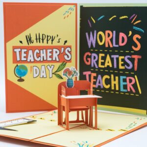 Teacher's Day card with a vibrant design, 3D pop-up desk and chair, and colorful chalkboard text