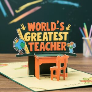 Vibrant Teacher's Day pop-up card with a playful classroom scene and bold colorful letters."