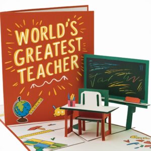 Playful pop-up card for Teacher's Day with a chalkboard background and cartoon-style globe.