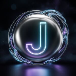 A futuristic letter "J" glowing in neon blue and purple lights, perfect for a striking name DP.