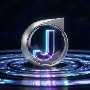 Neon-lit "J" surrounded by holographic patterns, a stylish and modern choice for a name DP.