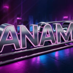 3D "Anam" text outlined in chrome, illuminated with neon lights and skyscrapers in the background