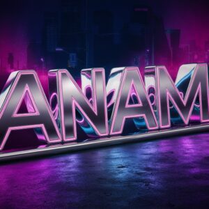 Anam" in a modern, metallic 3D style with neon accents, glowing in a dark city nightscape.