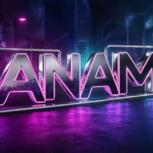 Futuristic "Anam" text glowing in neon pink and blue, set against a vibrant cityscape at night.