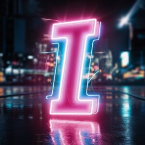 Neon letter "I" glowing in pink and blue against a nighttime city skyline.