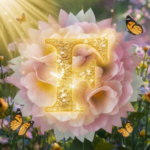 A glowing gold "F" with pastel flowers and butterflies in a magical garden setting.