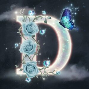 The letter 'D' in soft iridescent hues, with enchanted roses and a butterfly on a celestial backdrop.