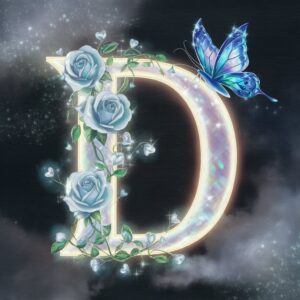 Fantasy-inspired 'D' with glowing roses and a butterfly, set against a starlit, dreamy sky.