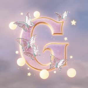 Softly glowing "G" with butterflies and orbs, perfect for a dreamy and calming name DP