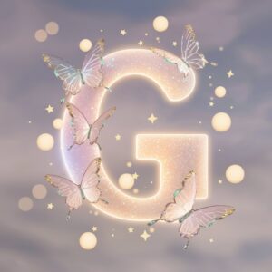 Glowing pastel "G" surrounded by glass butterflies, a magical and serene name DP choice.