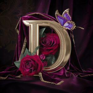 Majestic gold letter 'D' adorned with roses and butterfly, exuding regal love and luxury