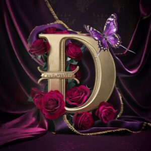 A royal gold 'D' with crimson roses and a purple butterfly, set against a burgundy background.