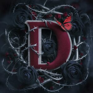 Gothic-themed letter 'D' wrapped in velvet, with dark roses and a dramatic butterfly.