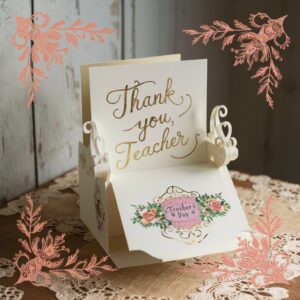 Elegant vintage Teacher's Day pop-up card with ivory base and gold cursive text against rustic wood