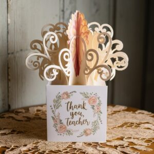 Ivory pop-up card with delicate floral patterns, gold foil 'Thank You, Teacher' text on lace tablecloth