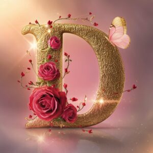 The letter 'D' shines in gold, adorned with shimmering vines, roses, and a delicate butterfly.