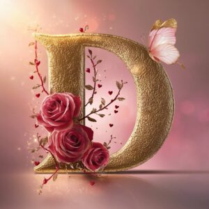 Elegant golden 'D' with a pink butterfly, roses, and soft light, evoking love and warmth