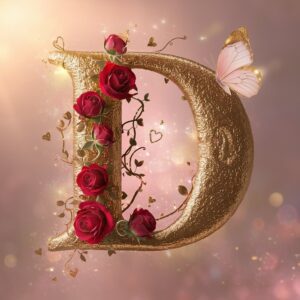 A gold-textured letter 'D' with red roses and a pink butterfly on a soft pink and gold background.