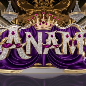 Majestic "Anam" text with crown motifs and royal purple drapes, surrounded by ornate chandeliers.